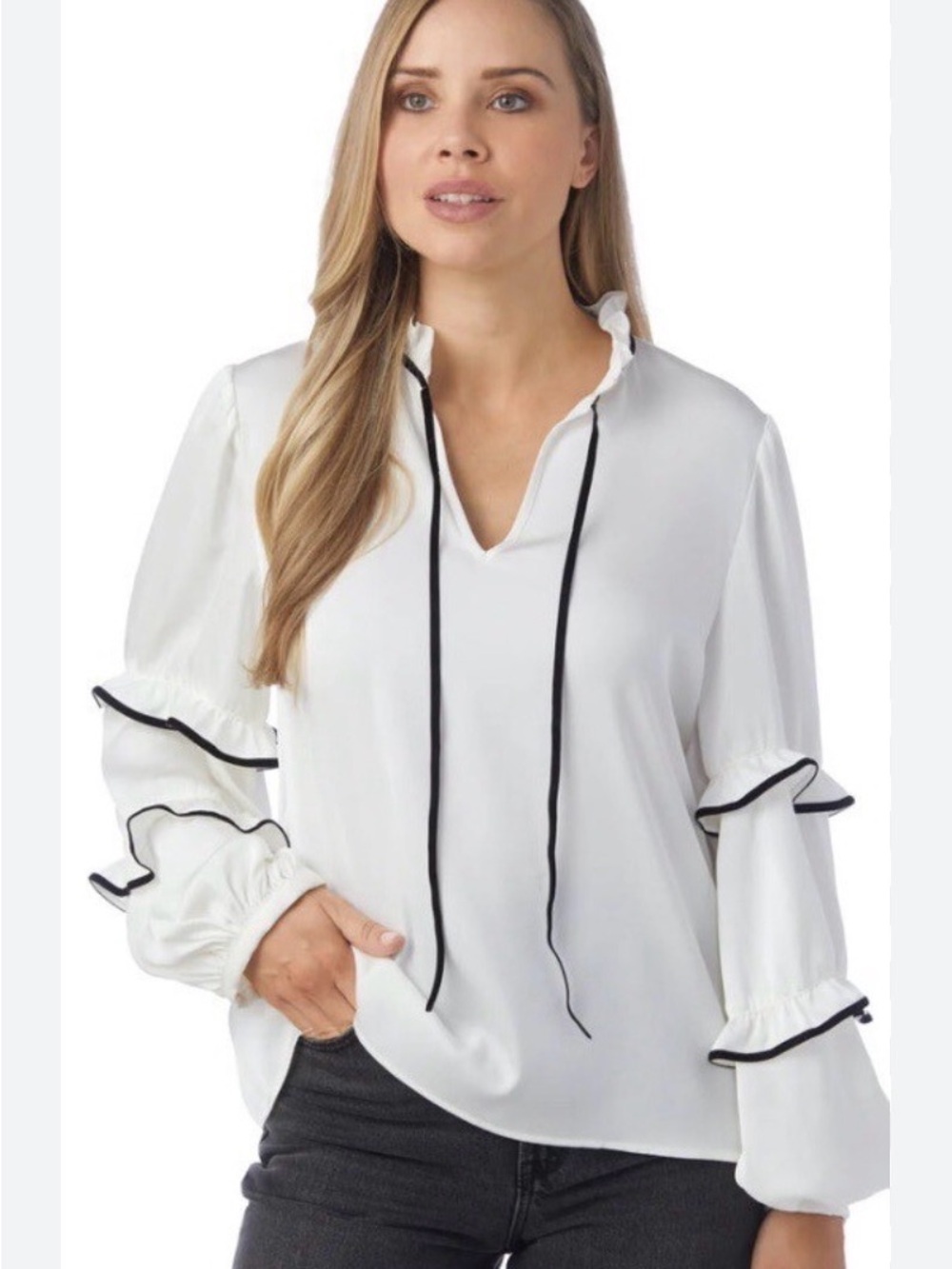 NWT! Crosby by Mollie Burch Rhodes White Ruffle-Sleeve V-Neck Top Medium